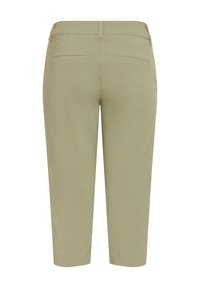 Pantalon beige raccourci avec poches passepoilées à l'arrière, passants de ceinture et coutures ajustées, présenté de dos sur un fond blanc.