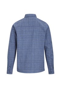 Langermet skjorte med knapper i blått og grått rutemønster. Laget av mykt stoff med krage, justerbare mansjetter og rett kant.