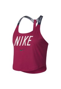 Top deportivo de Nike en color magenta con texto blanco "NIKE", logo en negro de la marca, y tirantes grises con la frase "JUST DO IT." que se cruzan en la espalda.