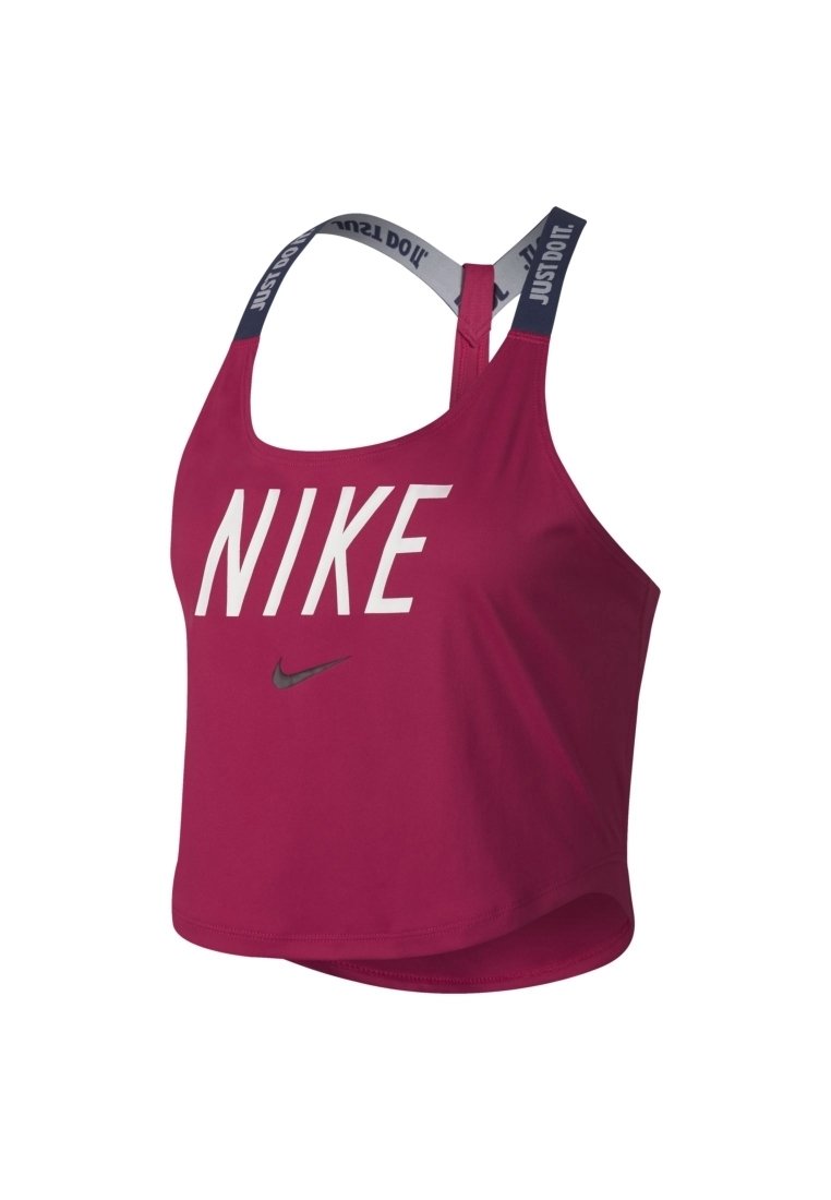 Top deportivo de Nike en color magenta con texto blanco "NIKE", logo en negro de la marca, y tirantes grises con la frase "JUST DO IT." que se cruzan en la espalda.