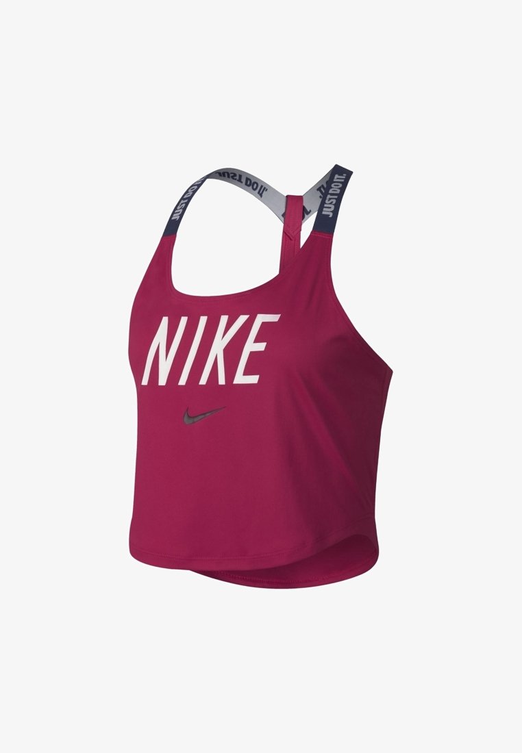Top deportivo de Nike en color magenta con texto blanco "NIKE", logo en negro de la marca, y tirantes grises con la frase "JUST DO IT." que se cruzan en la espalda.