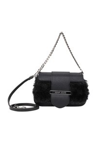 Czarna torebka z futerkiem z sztucznego włosia i teksturowanej skóry. Posiada srebrny łańcuszek i pasek. Zapięcie na klapkę z akcentem logo "JOOP JEANS".