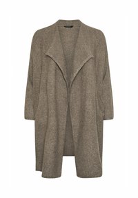 Cardigan lavorato a maglia marrone con un davanti aperto drappeggiato, maniche a tre quarti e una texture morbida. Caratterizzato da una vestibilità comoda e dettagli sottili.