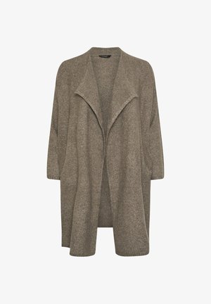 Brun strikket cardigan med en draperet åben front, trekvartærmer og en blød tekstur. Har en afslappet pasform og subtil detaljer.