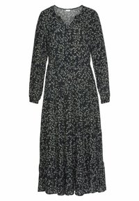 Schwarzes Blumenkleid mit langen Ärmeln, V-Ausschnitt, gerafftem Taillenbereich und fließendem Rock; hat einen weißen botanischen Druck auf der ganzen Länge.