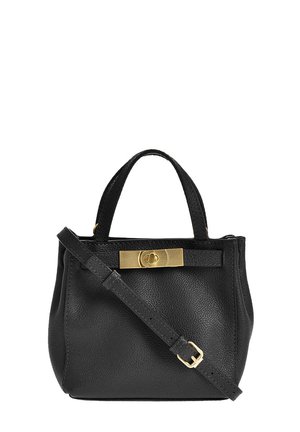 Sac à main en cuir noir avec poignées supérieures, bandoulière réglable et fermeture à tourniquet rectangulaire en ton doré à l'avant.