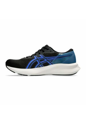 Chaussure de course noire et bleue avec semelle blanche, motif de logo bleu sur le côté et zone du talon texturée.