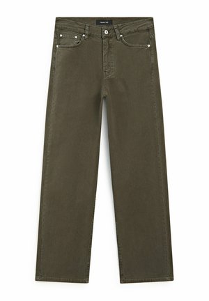 Olive green straight-leg jeans made of cotton, featuring a classic five-pocket design, metal rivets, and a branded waistband label.