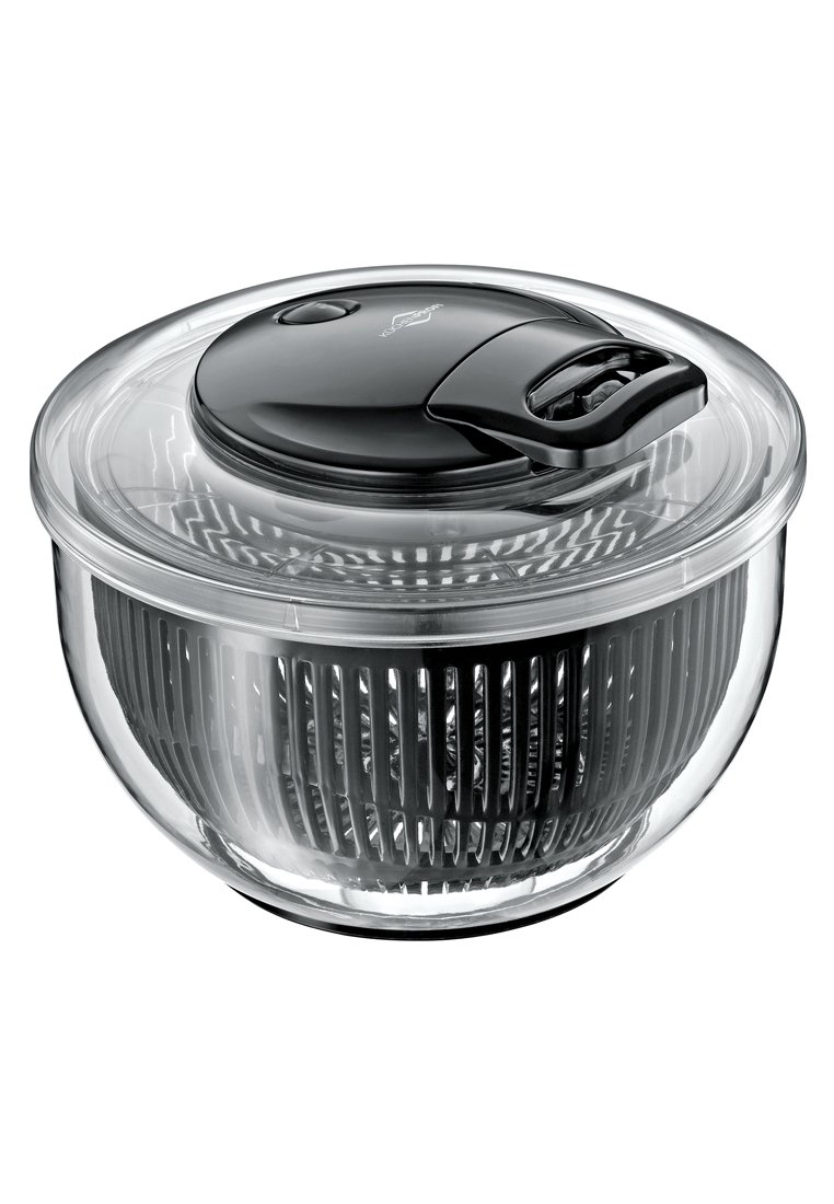 Transparenter Salatspinner mit schwarzem Deckel und Griff. Die Schüssel hat ein geripptes Innenmuster für effektives Trocknen. Kompakt und durchsichtig.