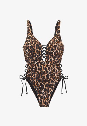 One-Piece Badeanzug mit Leopardenmuster, ausgestattet mit einem tiefen V-Ausschnitt, einer Schnürung vorne und seitlichen Bindebändern für eine verstellbare Passform. Aus weichem, glattem Material gefertigt.