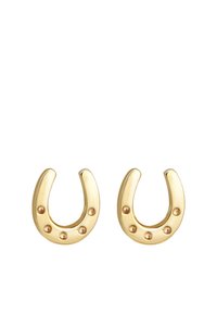 Boucles d'oreilles en forme de fer à cheval en or, présentant des bords arrondis et de petits accents métalliques le long du bord intérieur. Surface lisse avec une finition brillante.
