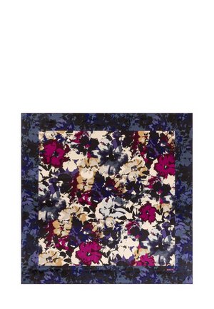 Multicolored floral scarf featuring large blooms in purple, pink, white, and beige against a dark background, with a smooth texture.