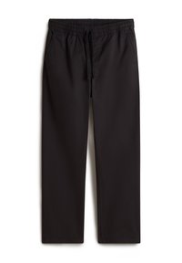 Black elastic waistband pants with a drawstring, featuring two side pockets and straight legs. Smooth fabric without patterns or embellishments.