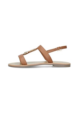 Sandalo piatto marrone con due cinturini, una fibbia dorata e pietre decorative sul cinturino superiore, visto di lato su sfondo bianco.
