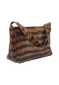 Brązowo-czarna skórzana torba w paski z szerokim paskiem, o miękkiej fakturze i przestronnym, prostokątnym kształcie.