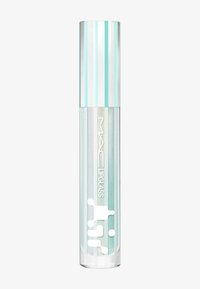 MAC Lipglass i en klar tube med teal-ränder, med en glänsande silverlock och en vit logotyp. Slät textur med en glänsande finish.