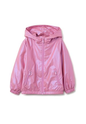 Veste à capuche zippée, brillante et rose vif, avec des poignets et un ourlet élastiques. Possède deux poches avant zippées pour un rangement sécurisé.