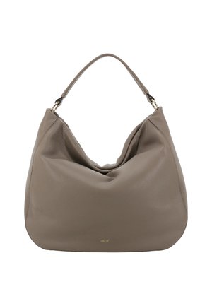 Brown leather hobo bag with a soft, slouchy design, single shoulder strap, and subtle gold branding at the bottom. Smooth texture.