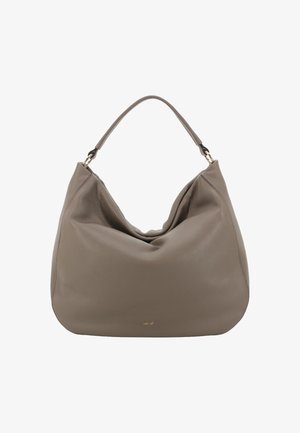 Brown leather hobo bag with a soft, slouchy design, single shoulder strap, and subtle gold branding at the bottom. Smooth texture.