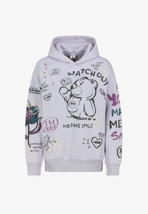 Light purple hoodie featuring cartoon bear graphics and various text designs in black and colorful accents. Made of soft cotton fabric.