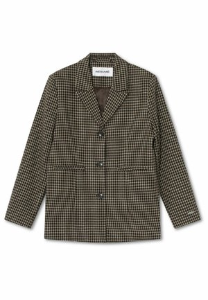 Braun und beige karierter Blazer mit Reverskragen, zwei Vordertaschen, drei Knöpfen und einem glatten Futter. Kontrastnähte.