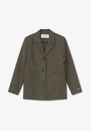 Ruskea ja beige ruudullinen bleiseri, jossa on lovelliset kaulukset, kaksi etupussia, kolme nappia ja sileä vuori. Kontrastivärinen tikkaus.