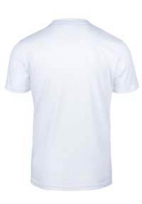 Weißes Baumwoll-T-Shirt mit kurzen Ärmeln, Rundhalsausschnitt und glatter Textur; hat auf der Rückseite keine Muster oder Designs.