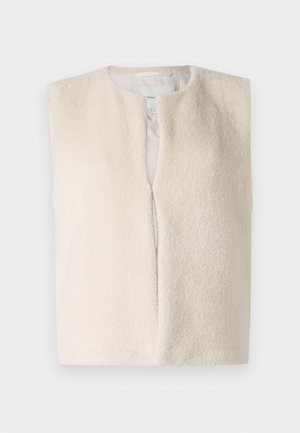 Cream-colored, sleeveless, fuzzy vest with a round neckline and open front, displayed flat on a white background.