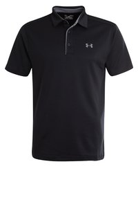 Polo noir à manches courtes avec trois boutons et un logo Under Armour gris sur la poitrine gauche.