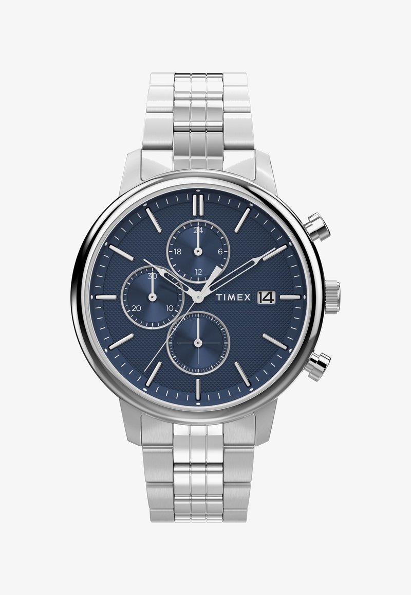 Sidabrinis nerūdijančio plieno laikrodis su apvaliu mėlynu tekstūruotu ciferblatu, trimis pogrupiais, sidabriniais žymekliais ir poliruotu laikrodžio grandinėle. Modelis: Timex.