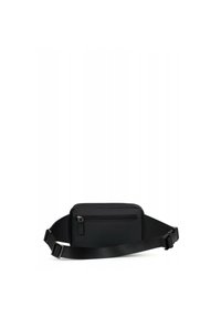 Marsupio nero in tessuto con cinturino regolabile, forma rettangolare, tasca frontale con zip e texture liscia. Design minimalista senza ulteriori motivi.