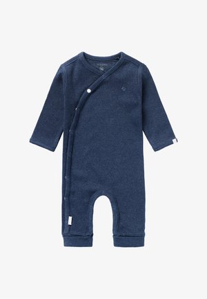Granatowy bodysuit dla niemowląt wykonany z prążkowanego materiału, z długimi rękawami, zapięciem na napy i okrągłym dekoltem.