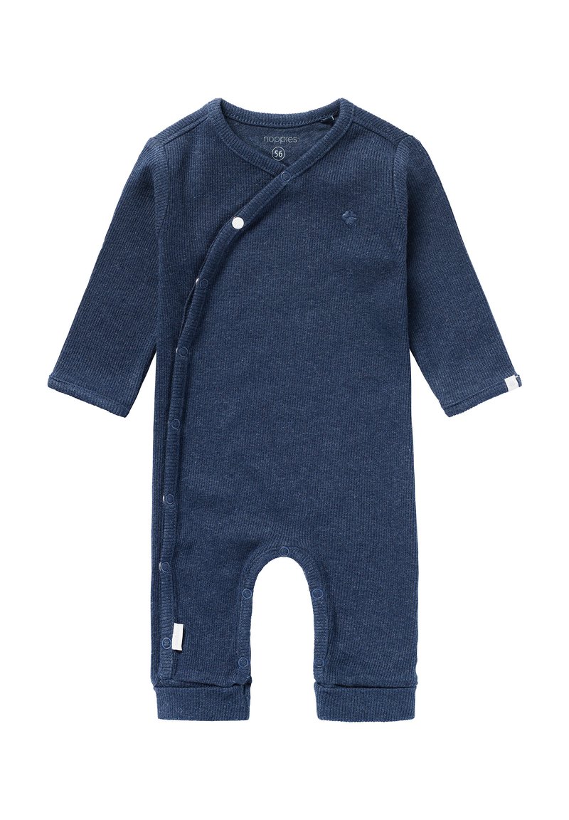 Granatowy bodysuit dla niemowląt wykonany z prążkowanego materiału, z długimi rękawami, zapięciem na napy i okrągłym dekoltem.