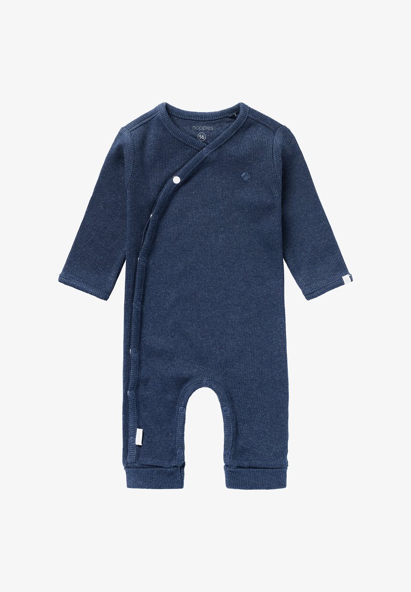 Marineblaues Baby-Overall aus geripptem Material, ausgestattet mit langen Ärmeln, Druckknopfverschluss und rundem Ausschnitt.