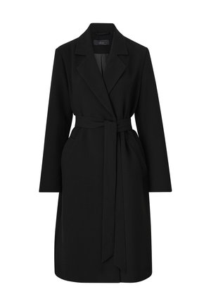 Zwarte trenchcoat met een op maat gemaakte snit, lange mouwen, een ceintuur in de taille en twee voorzakken. Gemaakt van gladde stof met een klassieke revers.