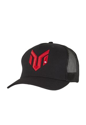 Czarna siatkowa czapka typu trucker z czerwonym, haftowanym stylizowanym logo "W" z małym białym szwajcarskim krzyżem na przedniej części.