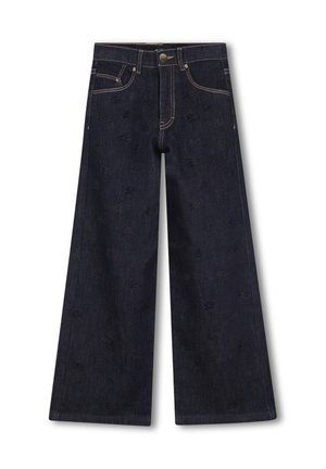 Jeans bleu foncé jambes larges, taille haute, poches avant, fermeture boutonnée et détails subtils de broderie florale.