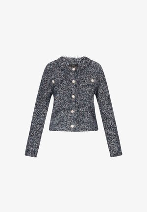 Pletený cardigan v tmavě modré a šedé barvě s texturovaným povrchem. Má kulatý výstřih, dlouhé rukávy a knoflíky ve tvaru perel na přední straně.