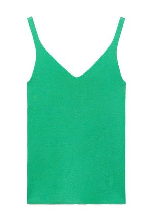 Débardeur tricoté vert avec un décolleté en V et des fines bretelles, présentant une texture lisse et une silhouette ajustée.