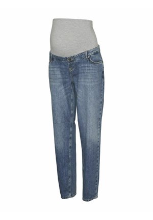Zwangere spijkerbroek in lichtblauwe denim, met een zachte, rekbare grijze tailleband, rechte pijpen en een traditionele vijf-pocketontwerp.