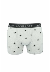 Szare bokserki z powtarzającym się czarnym wzorem pająków, z czarnym pasem w talii z białym logo "LANCERTO".