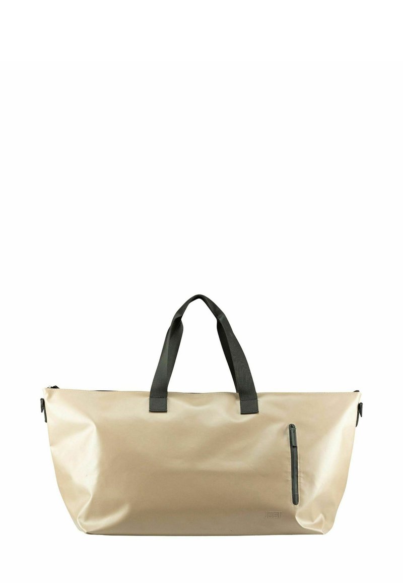 Beige wasserdichter Duffelbag mit dunkelgrauen Griffen, ausgestattet mit einer seitlichen Reißverschluss-Tasche und einer glatten, strapazierfähigen Textur.