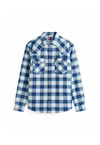 Blauwe en witte geruite blouse van geweven stof, met twee borstzakken, een knoopsluiting aan de voorkant en lange mouwen met knoopmanchetten.