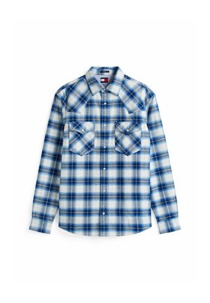 Blue and white plaid shirt made of woven fabric, featuring two chest pockets, a button-down front, and long sleeves with buttoned cuffs.