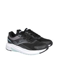 Zapatillas deportivas negras con parte superior de malla y sintético, acentos en gris contrastante, entresuela blanca y suela de goma texturizada. Presenta cordones y logo.