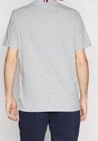 Camiseta de algodón gris con mangas cortas, que presenta un cuello redondo y un cuello a rayas en rojo, blanco y azul. Espalda lisa con dobladillo recto.
