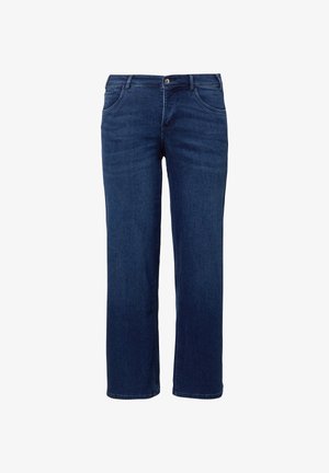 Donkerblauwe denim jeans met een rechte pijp, voorzien van een knoopsluiting aan de voorkant en vijf zakken. Soepele textuur, casual stijl.