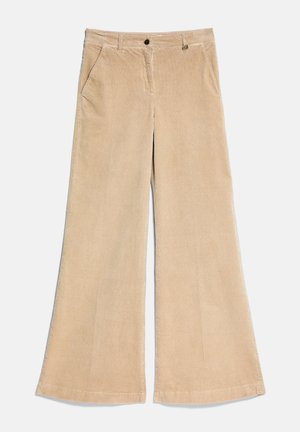 Pantalon large en velours côtelé beige avec poches avant, passants pour ceinture, fermeture par bouton et braguette zippée.