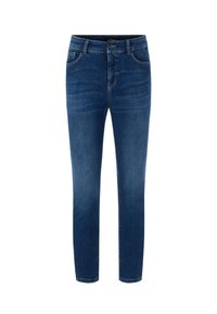 Dark blue denim jeans with a slim fit, featuring five pockets, a button closure, subtle fading, and contrast stitching.