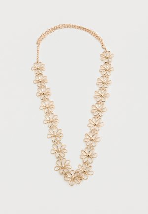 Collier ton or avec des formes de fleurs à pétales ouverts reliées, au centre sphérique, et un fermoir à chaîne ajustable.